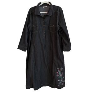 Woman Within Womens Denim Embroidered Flowers Shirtdress Henley Buttons Size 28W